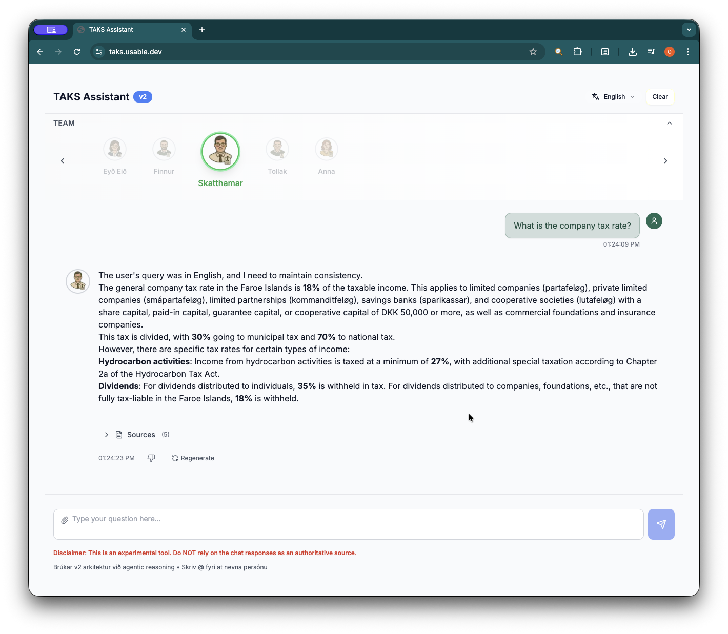 Faroese Tax Authority chatbot screenshot