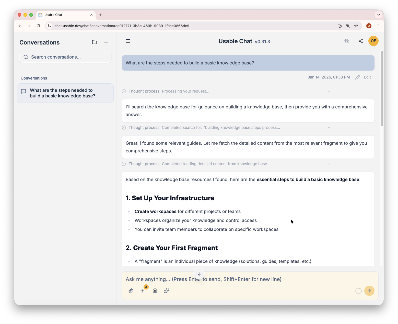 Usable Chat screenshot showing agentic search
