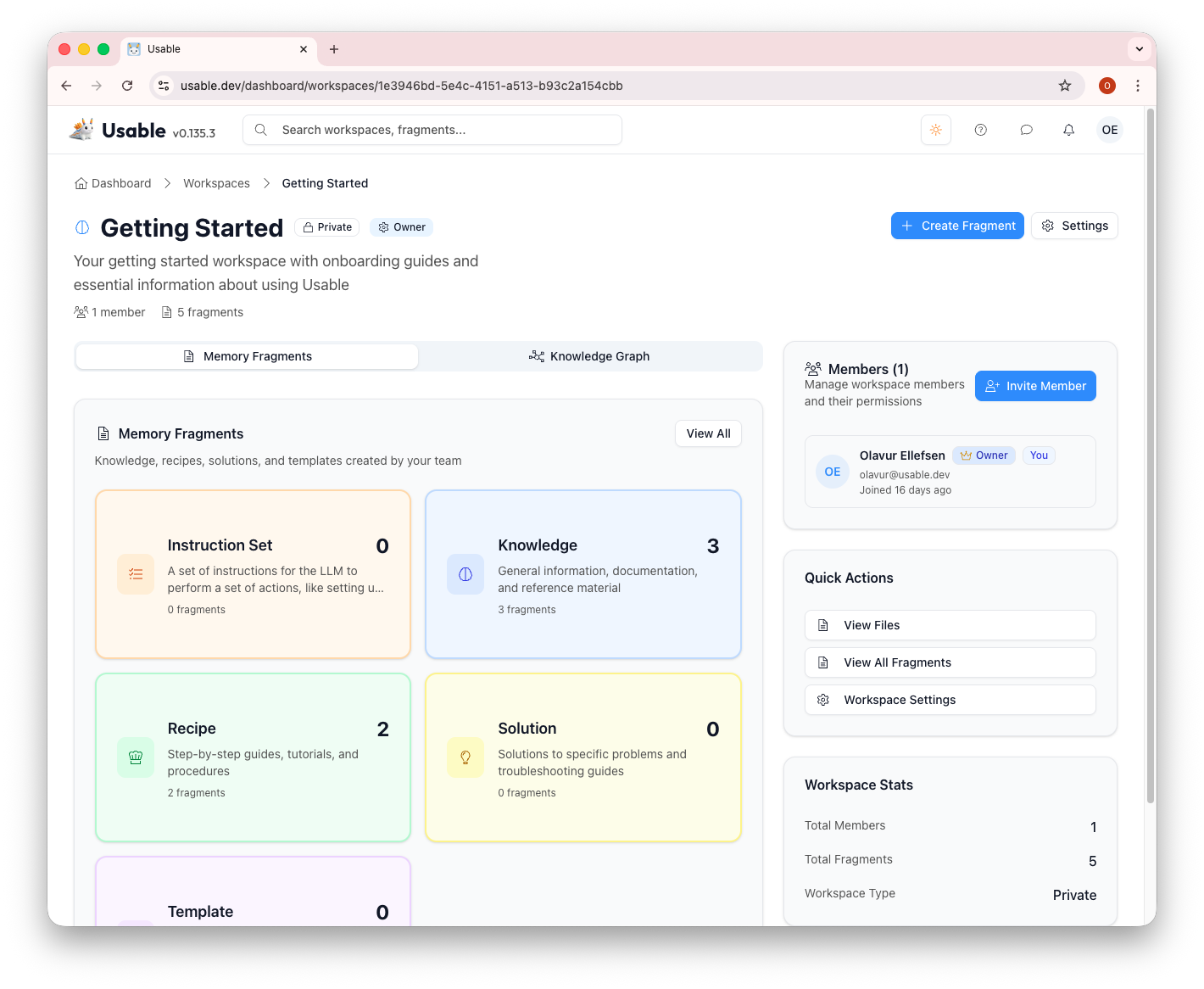 Usable dashboard showing workspaces and fragments